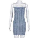 Sexy Backless Washed Wrapped Bust Denim Dress