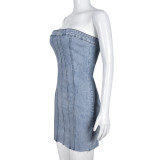 Sexy Backless Washed Wrapped Bust Denim Dress