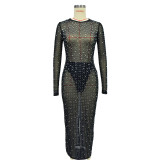 Solid Color Mesh Hot Diamond Long-sleeved Dress