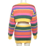 New Sexy Knitted Long-sleeved Contrast Color Top High Waist Bag Hip Skirt Suit