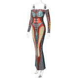 Fashion One-neck Stitching Long-sleeve Slim Dress