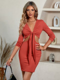 New Solid Color Long-sleeved Knitted V-neck Dress