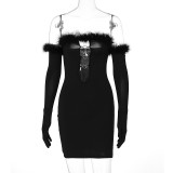 Sexy One-neck Hollow Long-sleeved Gloves Furry Wrapped Chest Dress