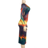 Fashion Neck Long Sleeve Printed Hip Cover Slim Dress