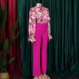 Large Size Casual Printed Shirt Wide-leg Pants Two-piece Set