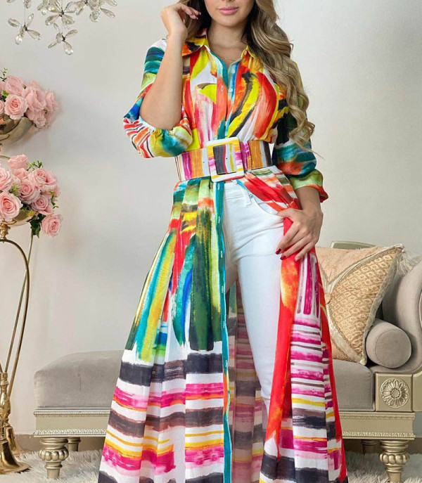 Fashion Color Print Tie Shirt Dress