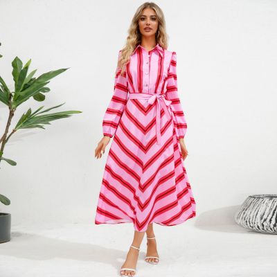 Fashion Slim Button Cardigan Striped Shirt Dress