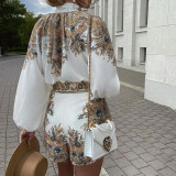 Fashion Print Long Sleeve Top Loose Shorts Set