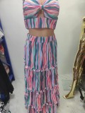 Fashion Bandeau Striped Print Dress Two-piece Set