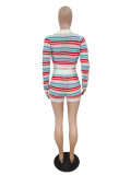 Fashion Lapel Cardigan Long-sleeved Striped Color-block Knitted Two-piece Suit