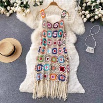 French Chic Stunning Crochet Hollow Fringed Vest Dress