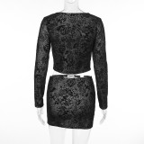Round Neck Printed Long-sleeved Top High Waist Sexy Hollow Skirt Suit