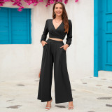 New Women's V-neck Long-sleeved Top Straight-leg Trousers Two-piece Set