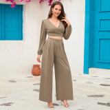 New Women's V-neck Long-sleeved Top Straight-leg Trousers Two-piece Set