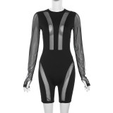 Fashion Round Neck Long Sleeve Sexy Mesh See-through Slim Jumpsuit