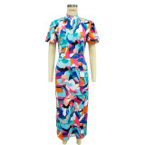 Ladies Fashion Print Short Sleeve Slit Dress