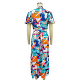 Ladies Fashion Print Short Sleeve Slit Dress