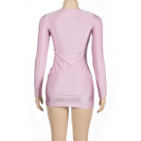 Solid Color Pullover Long Sleeve Low Cut Slim Fit Hip High Waist Dress