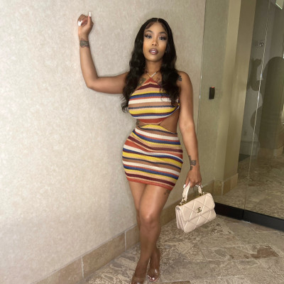 Striped Halter Neck Strap Sexy Fashion Slim Dress
