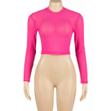 Sexy Solid Color Round Neck Mesh See-through Long-sleeved Top