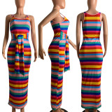 Stylish Colorful Striped Print Lace-up Dress