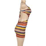 Striped Halter Neck Strap Sexy Fashion Slim Dress