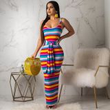 Stylish Colorful Striped Print Lace-up Dress