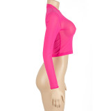 Sexy Solid Color Round Neck Mesh See-through Long-sleeved Top