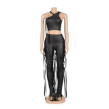 Sexy Vest Tied With Faux Leather Pants Nightclub Two-piece Set