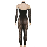 Sexy Hollow-knit Crochet Tight Long-sleeved Jumpsuit