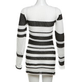 Fashion Striped Color Contrast Long-sleeved Knitted Bag Hip Dress