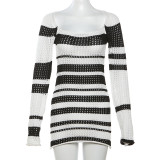 Fashion Striped Color Contrast Long-sleeved Knitted Bag Hip Dress