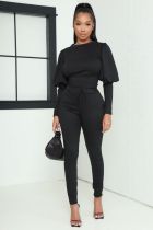 Solid Color Lantern Sleeve Sweatshirt Two Piece Set