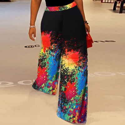 Color Inkjet Printing Casual Plus Size Wide Leg Pants