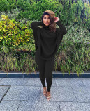 Fashion Casual Solid Color Dolman Sleeve Slit Top Trousers Two-piece Set