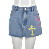 Embroidered Cross High Waist Denim Street Skirt