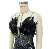 Women's Fashion Pure Color Mesh Yarn Ironing Diamond Feather Dress