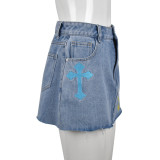 Embroidered Cross High Waist Denim Street Skirt
