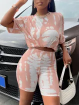 New Ladies Round Neck Tie Dye Print Loose Shorts Set