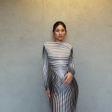 Fashion Stripe Print Slim High Waist Long Dress