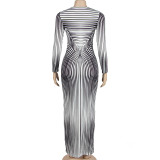 Fashion Stripe Print Slim High Waist Long Dress