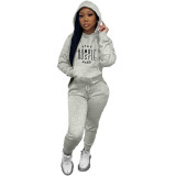 Casual Letter Offset Printing Drawstring Fleece Sweater Two-piece Set