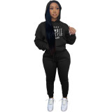 Casual Letter Offset Printing Drawstring Fleece Sweater Two-piece Set