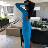Sexy Knitted Long-Sleeve Contrasting Color Backless Slit Dress