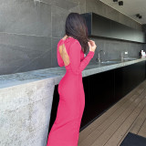Sexy Knitted Long-Sleeve Contrasting Color Backless Slit Dress