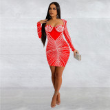 Solid Color Mesh Hot Diamond Long-sleeved Dress