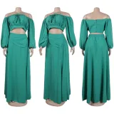 Two-piece Sexy Wrap-chest Skirt And Lantern Sleeves