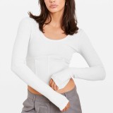 Round Neck Pullover Fishbone Short Cropped Navel Top