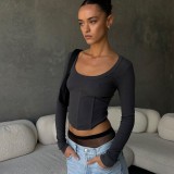 Round Neck Pullover Fishbone Short Cropped Navel Top