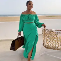 Two-piece Sexy Wrap-chest Skirt And Lantern Sleeves
